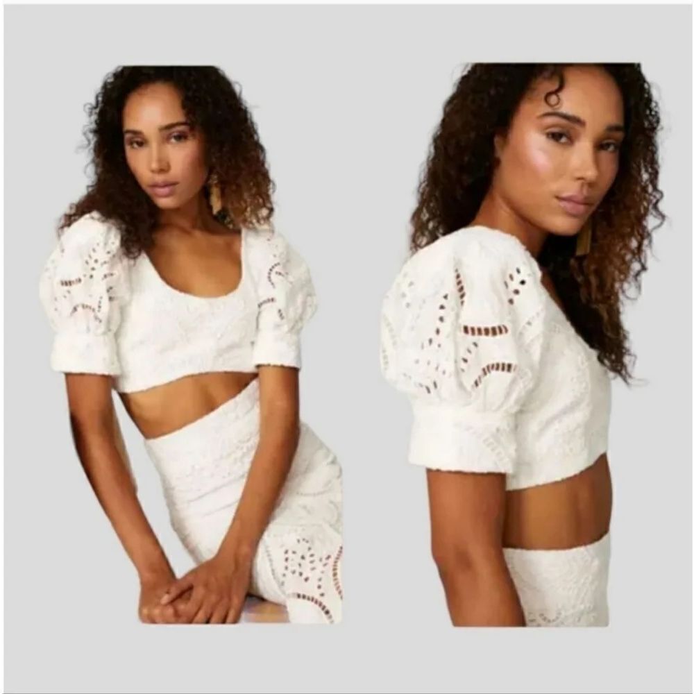 Thurley Flower Child Embroidered Eyelet Puff Sleeve Crop Top in White Size 0